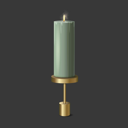 Green Elegant Wax Candle on Gold Stand. Vector illustrationのイラスト素材