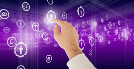 Businessman pressing blue virtual technology Touch Screenの写真素材