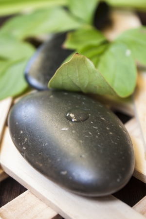 stones and leaves on slatted wood  の写真素材