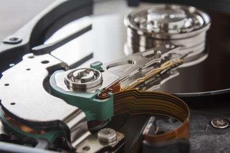 Close up of opened hard disk drive