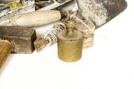 Construction masonry cement mortar tools on whiteの写真素材