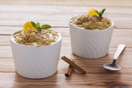 Creamy rice pudding sprinkled with cinnamonの写真素材