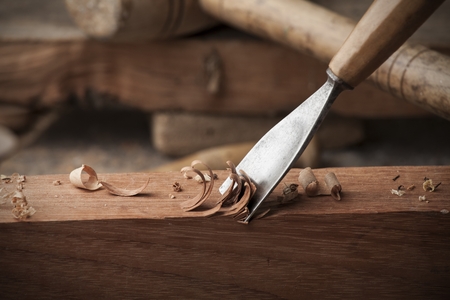 closeup gouge for wood on carpenter workbench