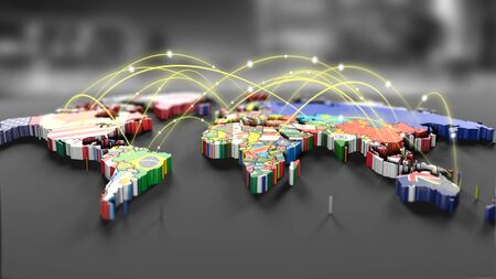 Connection lines Around map with all country flags, Futuristic Technology Theme Background with...
