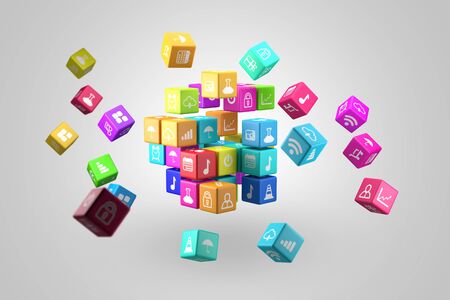 Media technology and internet networking web communication concept- Colorful icon cubesの写真素材