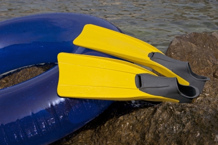 Yellow flippers on a rock near the sea
