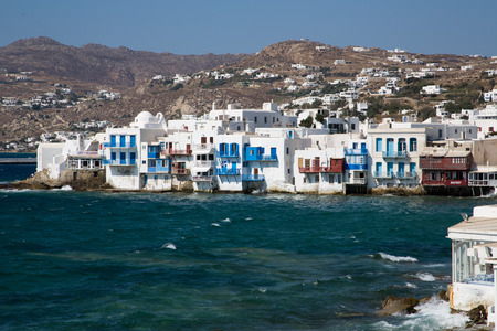 View from the sea of the famous Mykonos wind millsの写真素材