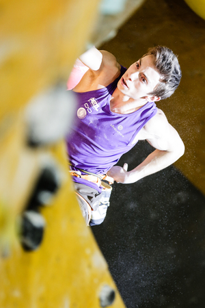 PUURS, BELGIUM - APR 23, 2017: The final of the Belgium Championship Lead Climbing in KLIMAX Puurs. on Apr 23, 2017.のeditorial素材