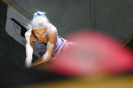 PUURS, BELGIUM - APR 23, 2017: The final of the Belgium Championship Lead Climbing in KLIMAX Puurs. on Apr 23, 2017.のeditorial素材