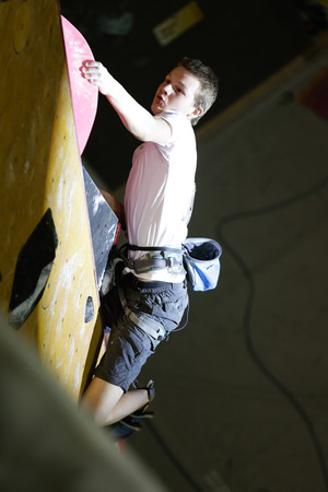 PUURS, BELGIUM - APR 23, 2017: The final of the Belgium Championship Lead Climbing in KLIMAX Puurs. on Apr 23, 2017.のeditorial素材