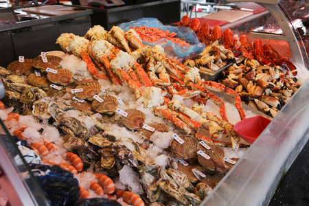 Various seafood on the shelves of the fish market in Norway, Bergenの写真素材