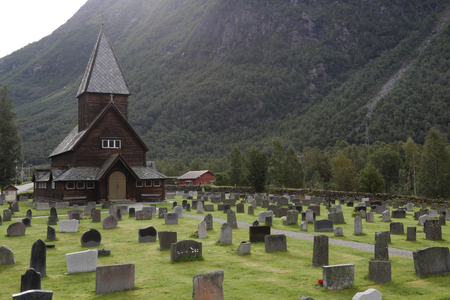The 13th century old Roldal Stave Church (Roldal stavkyrke)の写真素材