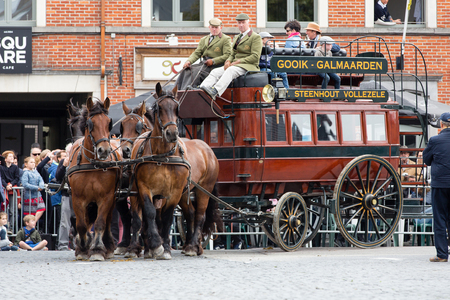 LENNIK, BELGIUM - SEP 10, 2017: A parade of Belgian Heavy Draft horses for the 25th anniversary of the monument Prins at the market in Lennik. on Sep 10, 2017.のeditorial素材