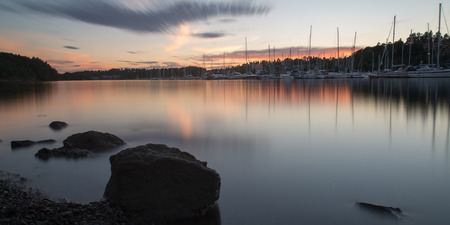 View on a harbor in Oslo with long exposureの写真素材