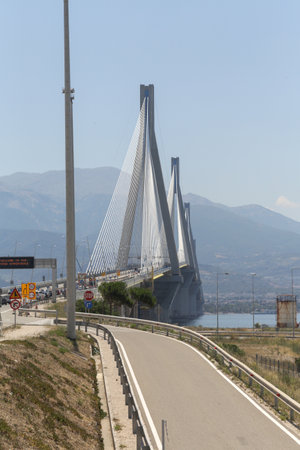 The Rio-Antirrio suspension bridge crossing Corinth Gulf in Greeceの写真素材