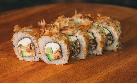 tasty sushi set on a wooden trayの写真素材