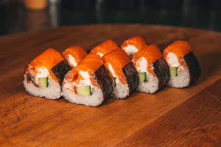tasty sushi set on a wooden trayの写真素材