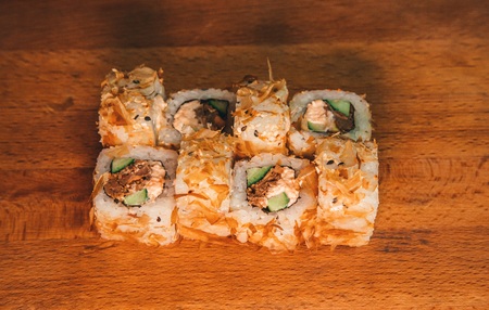 tasty sushi set on a wooden trayの写真素材