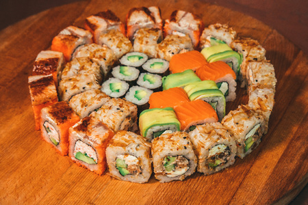 tasty sushi set on a wooden trayの写真素材