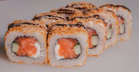 tasty sushi set on a wooden trayの写真素材
