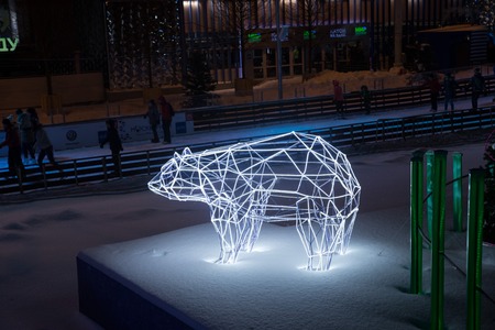 bear shape light installation at nightの写真素材