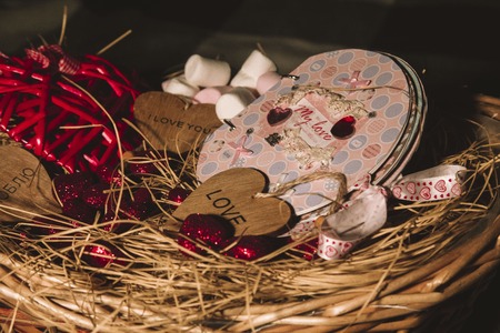 Valentines hearts in a basketの写真素材
