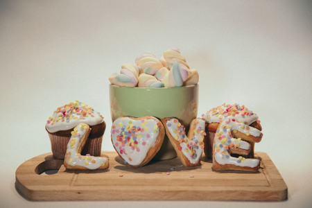 marshmallow in a valentine cupの写真素材