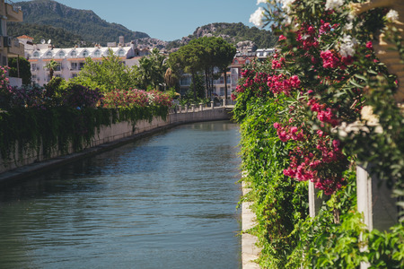 Seaside town with boatsの写真素材