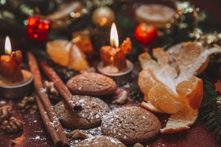 vintage christmas decoration on the tableの写真素材