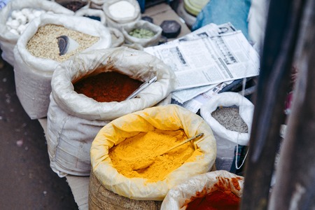 oriental spices in pouches on the marketの写真素材