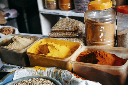 oriental spices in pouches on the marketの写真素材