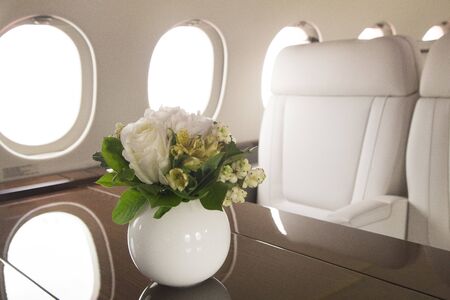 Modern and comfortable interior of business jet aircraft with decor