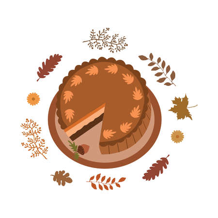Autumn seasonal sweets, pumpkin pie and autumn leaves. Flat illustration on white background.のイラスト素材