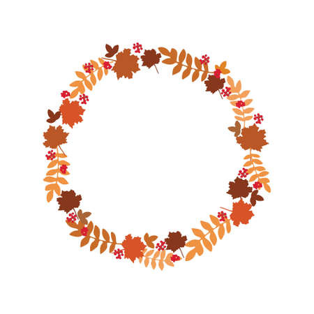 Autumn wreath of autumn leaves and rowan berries. Autumn decor for postcards, banners, invitations. Flat vector illustration hand-drawn.のイラスト素材