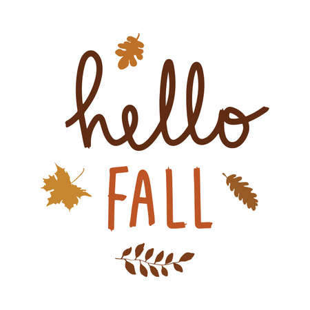 Hand lettering hello autumn. Autumn leaves flat illustration.のイラスト素材