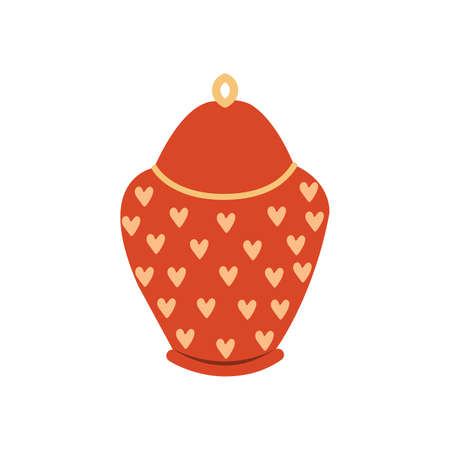 Cartoon ceramic sugar bowl with hearts. Red bowl for sugar. Vector illustration in flat style, single elementのイラスト素材
