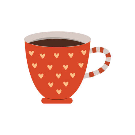 Ceramic cup of tea with drawn hearts. Funny red mug, flat cartoon style illustrationのイラスト素材