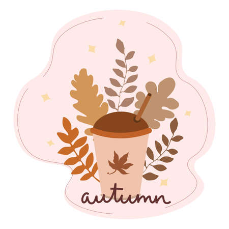 Vector illustration of a paper cup of coffee, decorated with autumn leaves. Seasonal fall flat design. For poster, print, menu design, greeting card, invitations, banners.のイラスト素材