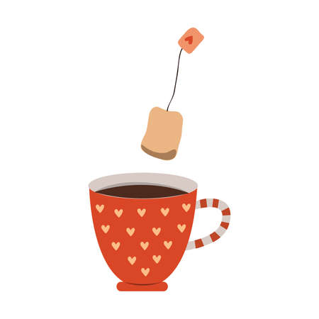 Cute cup of tea with a tea bag. Drawn hearts on a red cup. Illustration in flat cartoon style, Valentine's Dayのイラスト素材