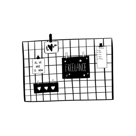 Lattice for postcards and notes. Mood board: illustrated, to-do list, work plan. Vector cartoon flat illustration isolated on white background. Workplace. Officeのイラスト素材