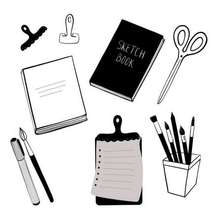 Set Office stationery Doodle black and whiteのイラスト素材