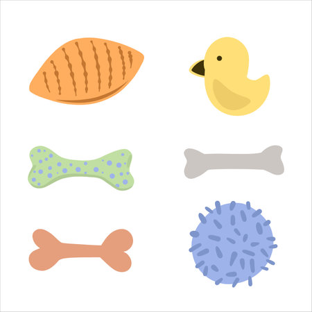 Pet accessories, cute rubber balls, bones for dogs and cats. Vector isolated on white background. Doodle stock illustration, flat style.のイラスト素材