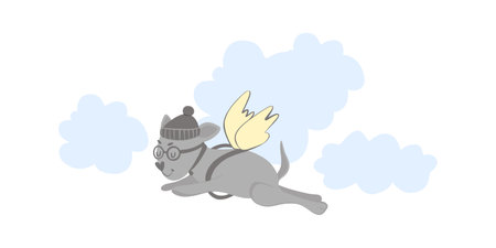 Cute dog with wings, flying dog in the clouds. Vector doodle, cartoon stock illustration hand drawn, isolated on white backgroundのイラスト素材