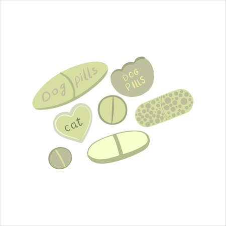 Set of tablets for dogs vector, colored medicinal vitamins. Vet clinic. Stock illustration hand-drawn in cartoon style isolated on white backgroundのイラスト素材