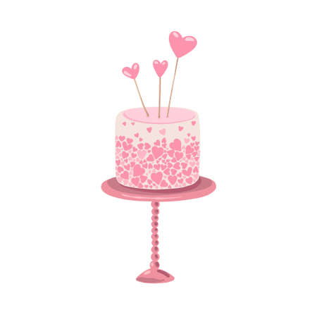 Pink cake decorated with hearts, vector illustration. Valentine's Day cake, wedding cream dessert...