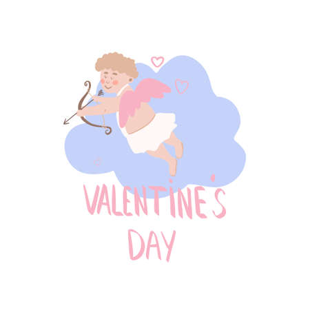 Vector valentine, cupid in love on a blue cloud, angel with wings and bow. Hand drawn illustrationのイラスト素材