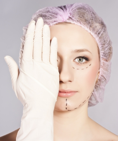 Lines on an attractive, Caucasian lady faceの写真素材