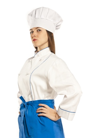 young graceful woman dressed as a cook with cap over white backgoundの写真素材