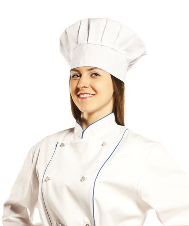 happy female cook in uniformの写真素材