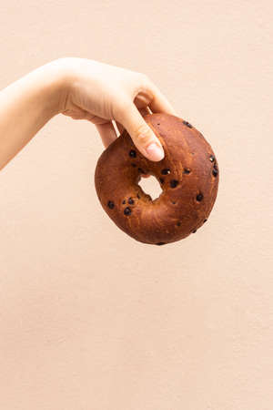 dark bagel with chocolate chipsの写真素材